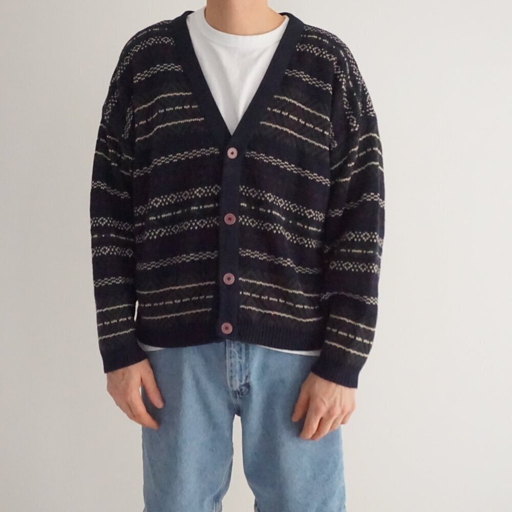 Vintage Great Canadian Rugged Wear Black Fair Isle Stripe Woven Knits Cardigan M
